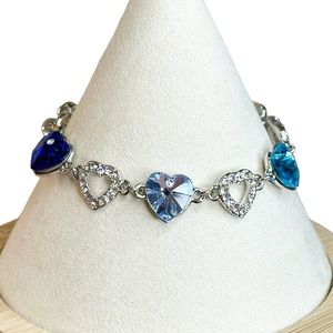 Y2K Vintage NOS Shades of Blue Rhinestone Heart Silver Tone Bracelet